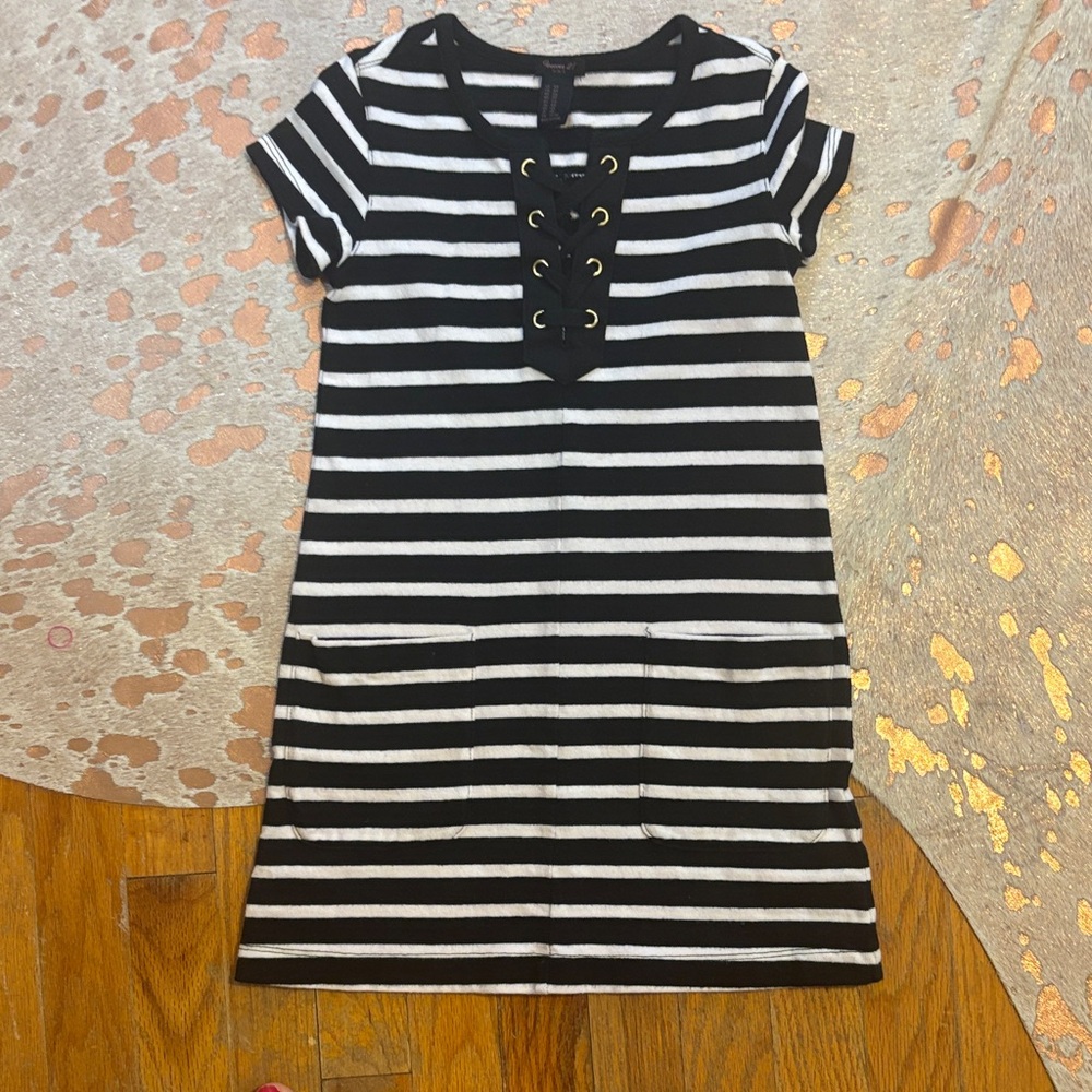 Forever 21 Black and White Striped Lace-Up Kids Dress